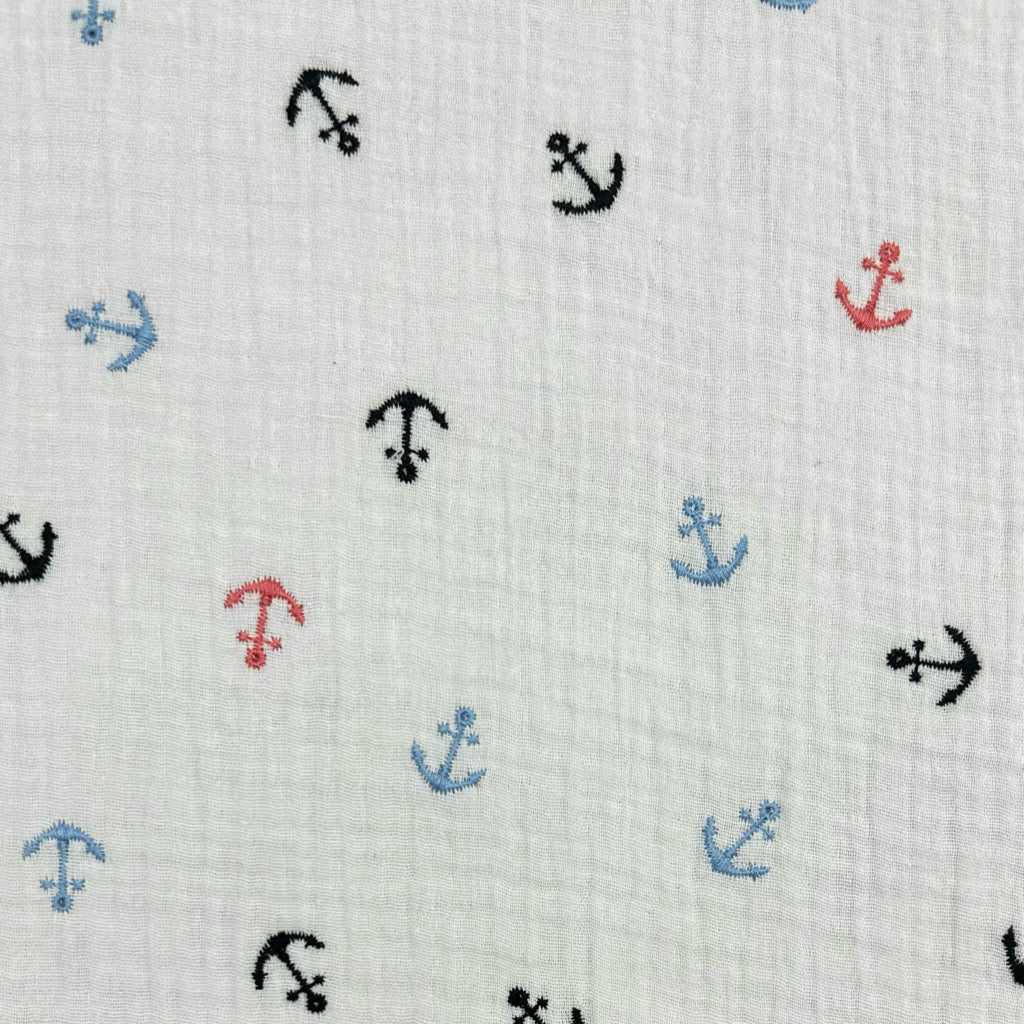Embroidered Ivory White Double Gauze Fabric 53" Colourful Embroidered Anchors Nautical 53" Sailor Print cotton muslin baby clothes per meter