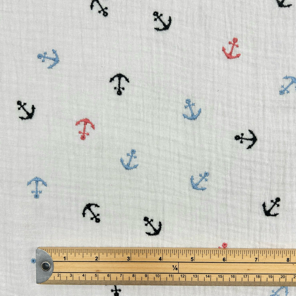 Embroidered Ivory White Double Gauze Fabric 53" Colourful Embroidered Anchors Nautical 53" Sailor Print cotton muslin baby clothes per meter