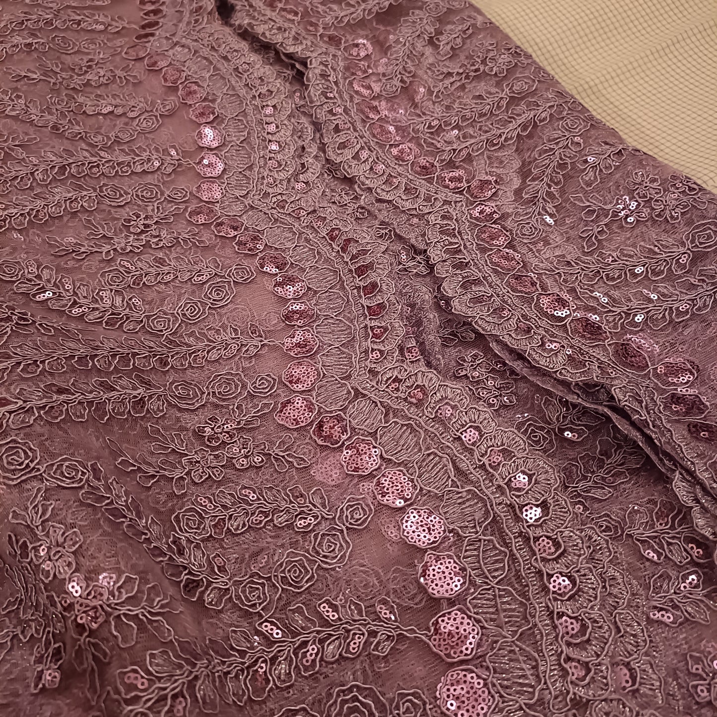 Gorgeous Pink Trailing Leaf Embroidered Lace Mesh Fabric with Sequins Bridal Wedding Costume Prom Dress Fabric Princess Dress Gown