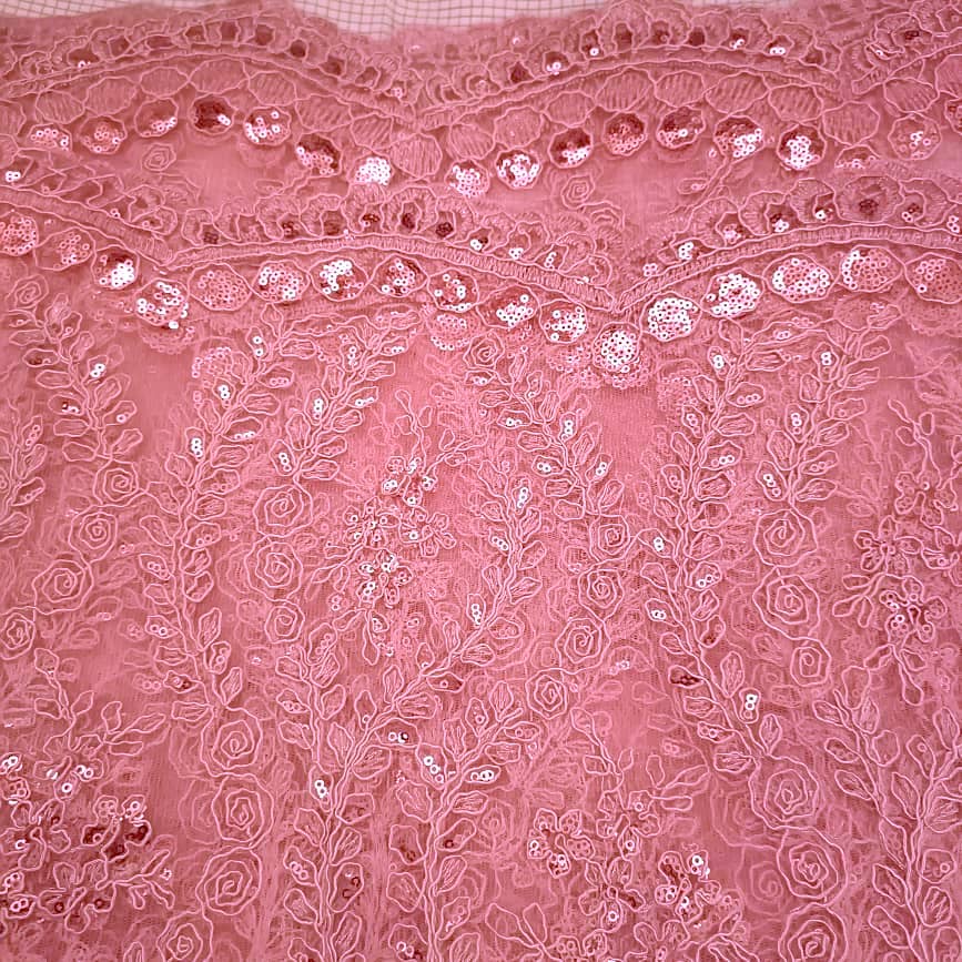 Gorgeous Pink Trailing Leaf Embroidered Lace Mesh Fabric with Sequins Bridal Wedding Costume Prom Dress Fabric Princess Dress Gown