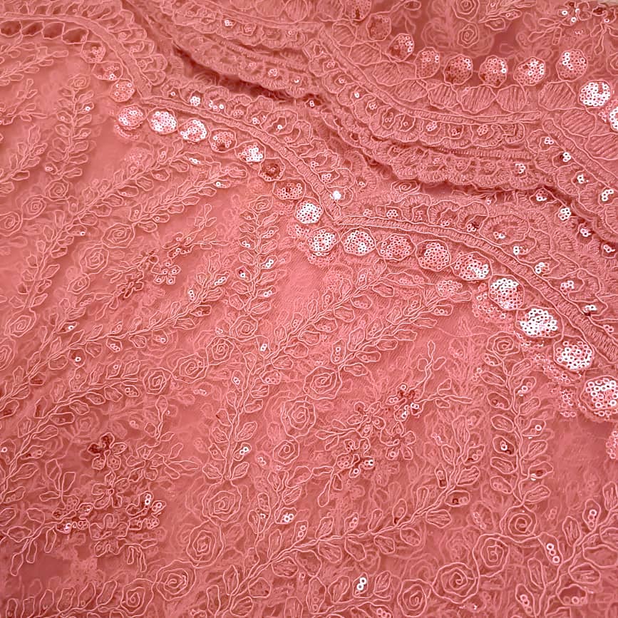Gorgeous Pink Trailing Leaf Embroidered Lace Mesh Fabric with Sequins Bridal Wedding Costume Prom Dress Fabric Princess Dress Gown