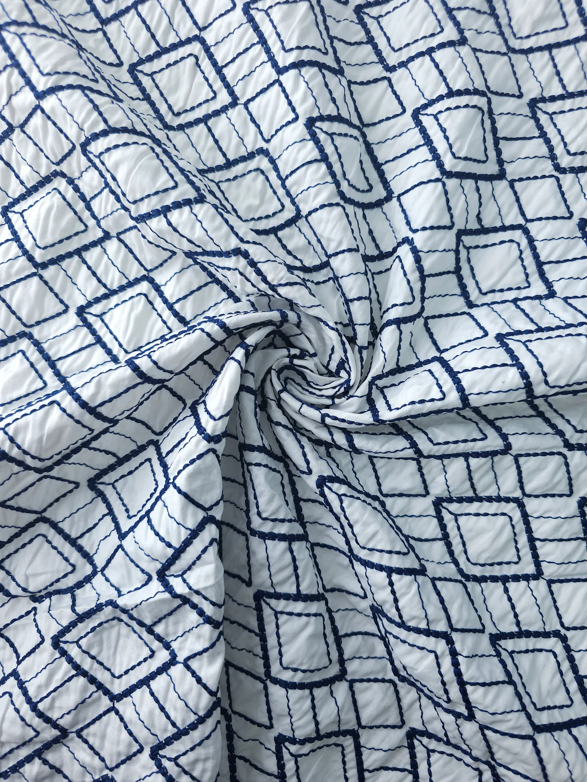 Premium Quality Blue and White Embroidered Diamond Pattern Cotton Fabric 58" sold per meter