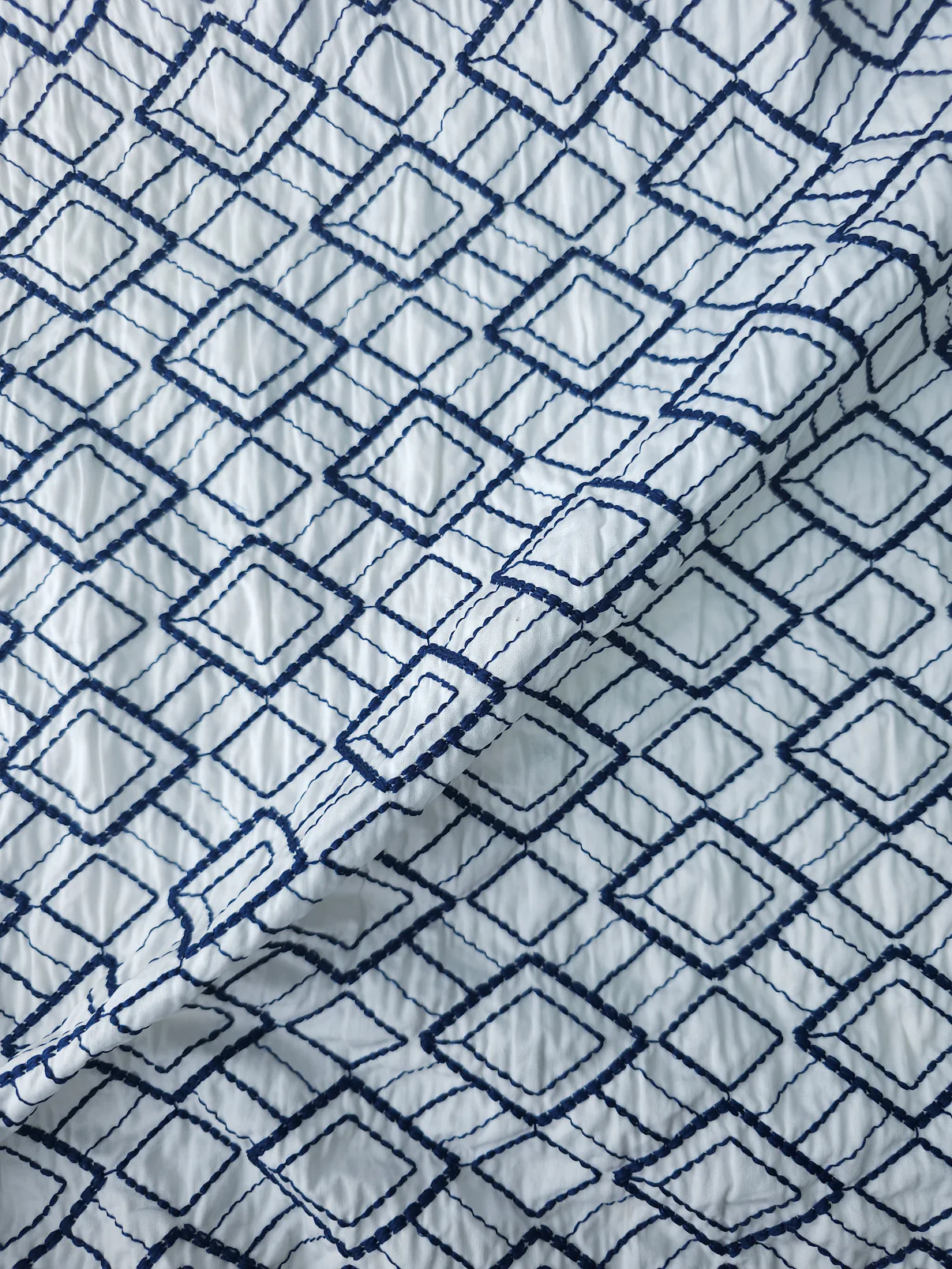 Premium Quality Blue and White Embroidered Diamond Pattern Cotton Fabric 58" sold per meter