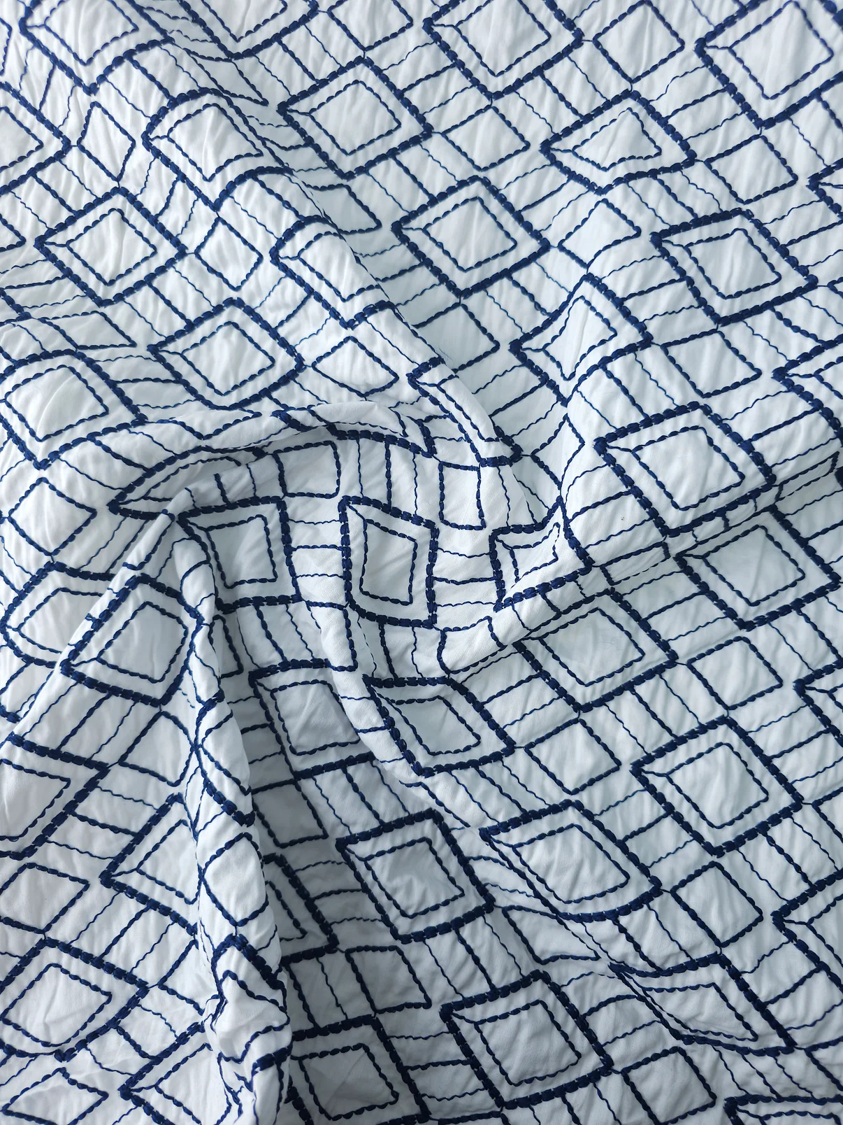 Premium Quality Blue and White Embroidered Diamond Pattern Cotton Fabric 58" sold per meter