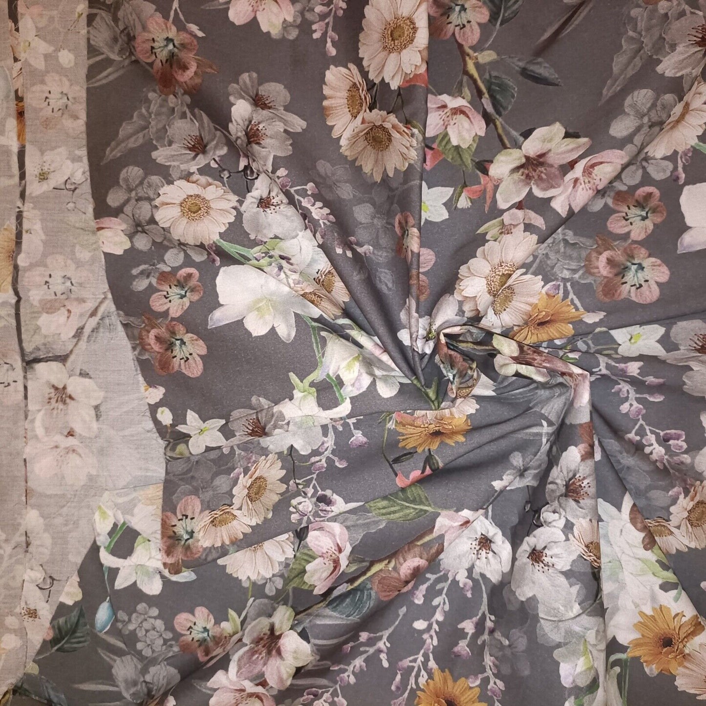 Grey Floral High Quality Soft Cotton Lawn Fabric 54" Botanics Dressmaking Quilting Sold per Meter Flowers Print Fabric Breathable
