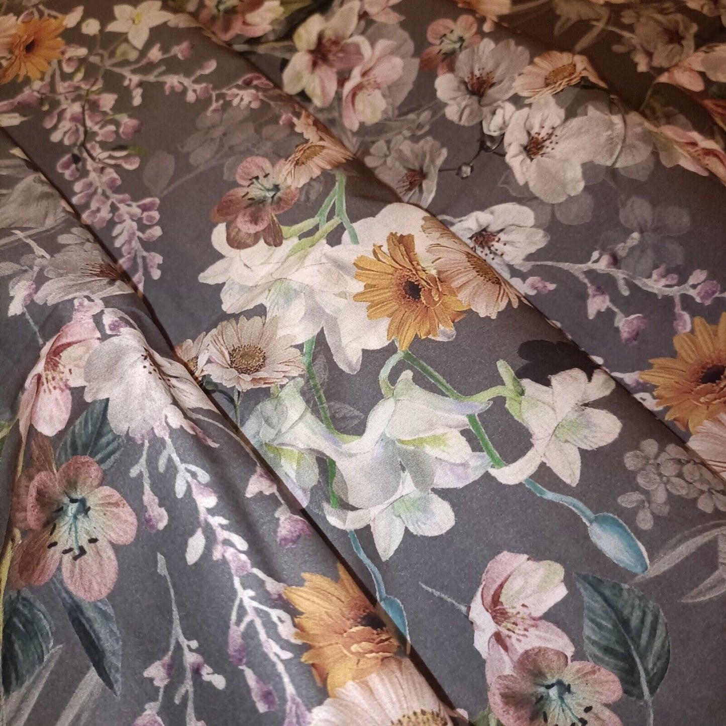 Grey Floral High Quality Soft Cotton Lawn Fabric 54" Botanics Dressmaking Quilting Sold per Meter Flowers Print Fabric Breathable