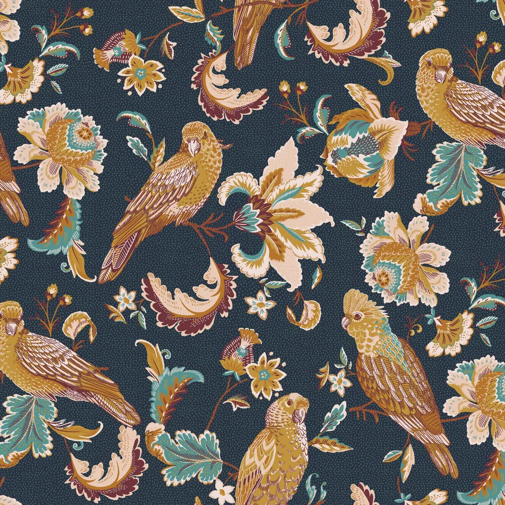 Organic Teal Floral Bird Cotton Poplin Fabric 57" Quilting Dressmaking Garden sold per meter animal print sold per meter