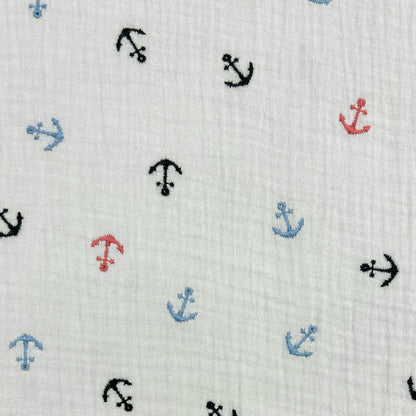 Embroidered Ivory White Double Gauze Fabric 53" Colourful Embroidered Anchors Nautical 53" Sailor Print cotton muslin baby clothes per meter