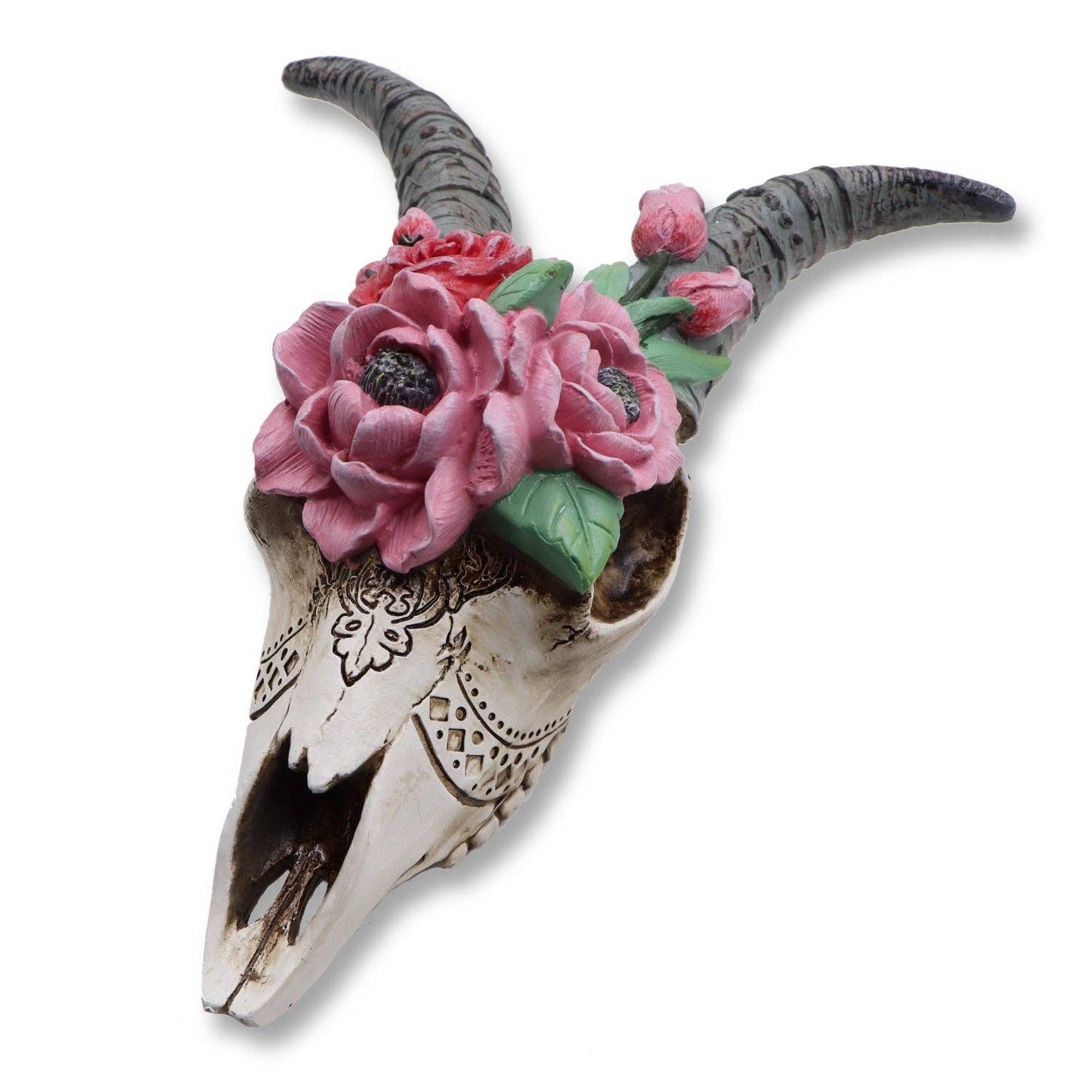 Flower Goat Skull Wall Mount Decor Animal Bust with Horns Ornament