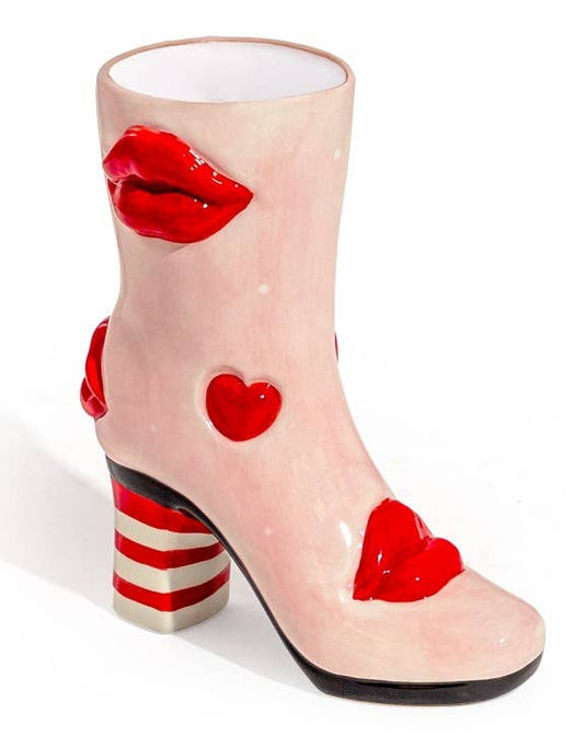 23cm Pink Ornamental Boot Red Lipstick Red Hearts Pink High Heels Boot Ornament Ceramic Vase Red Stripes Girls Quirky Pink Shoe Decor