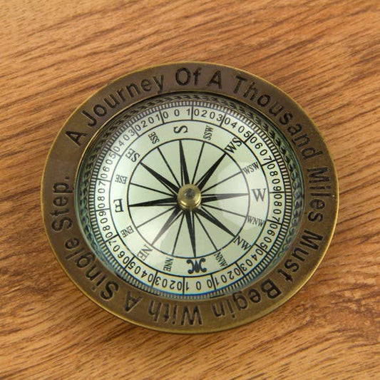 10cm Journey of A Thousand Miles Quote Navigation Compass Brass Case Antique Effect Navigation Compass + Quote Outdoor Instrument Gift Men