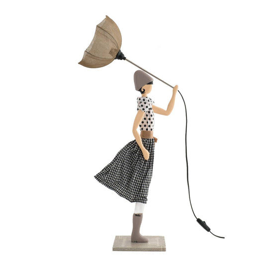85cm Tall Handmade Beige & Monochrome Polka Dot Windswept Lady Figurine Lamp Umbrella Reading Bedside Living Room Decor Statue Lamp Novelty Lighting Gift 4 Her