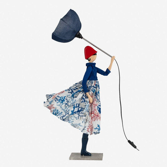 85cm Tall Handmade Blue Windswept Lady Figurine Lamp Umbrella Reading Bedside Living Room Decor Statue Lamp Novelty Lighting Gift for Her