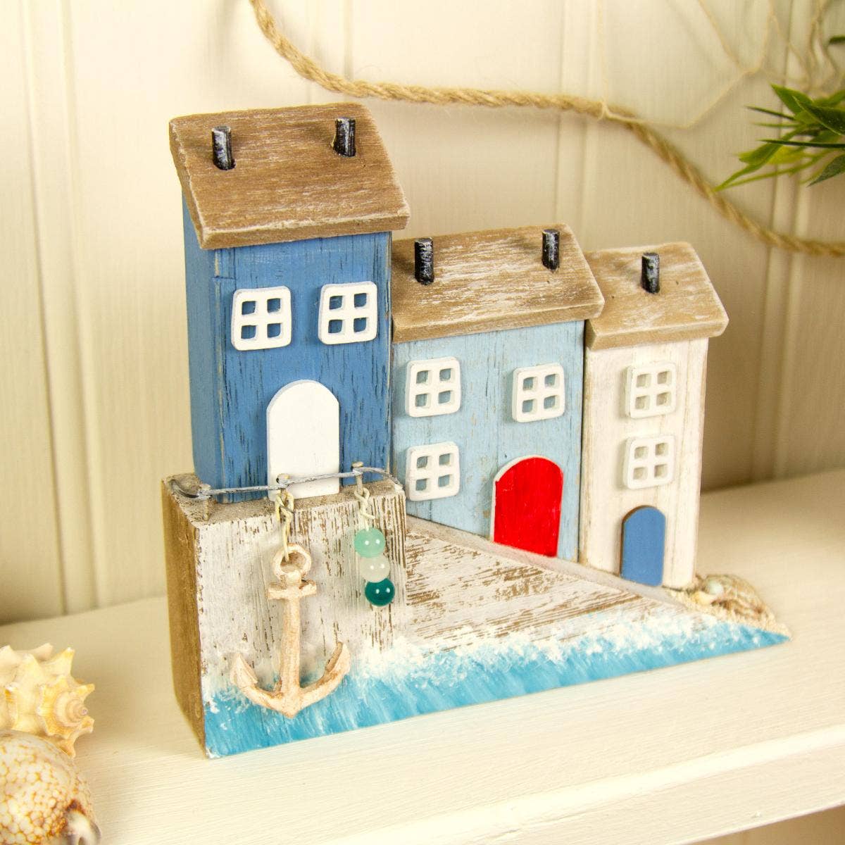 3 Wooden Harbour Cottages Harbourside Houses Driftwood Anchor Nautical Sea Decor