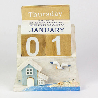 15cm 3D Wooden Desk Calendar Wooden Cottage Harbourside Houses with Sea Gull Nautical Sea Decor Calendar Coastal Scene Beach Theme