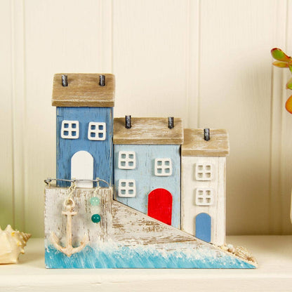 3 Wooden Harbour Cottages Harbourside Houses Driftwood Anchor Nautical Sea Decor