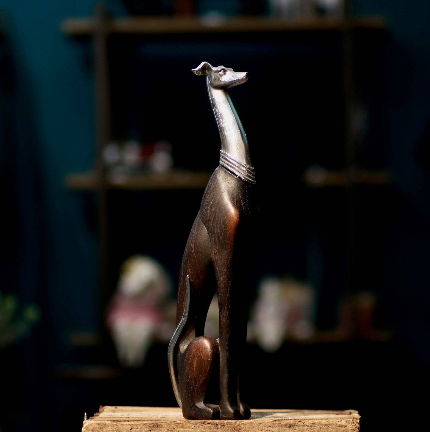 50cm Elegant Tall Slim Sitting Dog Statue Greyhound Silver Ornament Dog Lovers Whippet Figurine Sitting Greyhound