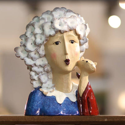 32cm White Haired Lady with Cat Large Bust White Flower Hair Woman Bust Detail Lady with Pet Cat Sculpture Floral Hair Lady Head