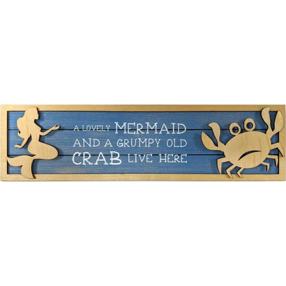 37cm Quirky Sign Mermaid and Crab Wall Plaque Art Blue Wooden Door Signage Sea Life "A Lovely Mermaid and a Grumpy Old Crab Live Here"