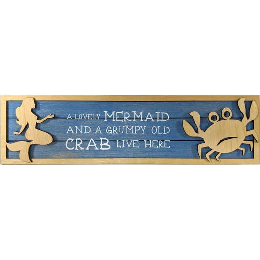 37cm Quirky Sign Mermaid and Crab Wall Plaque Art Blue Wooden Door Signage Sea Life "A Lovely Mermaid and a Grumpy Old Crab Live Here"