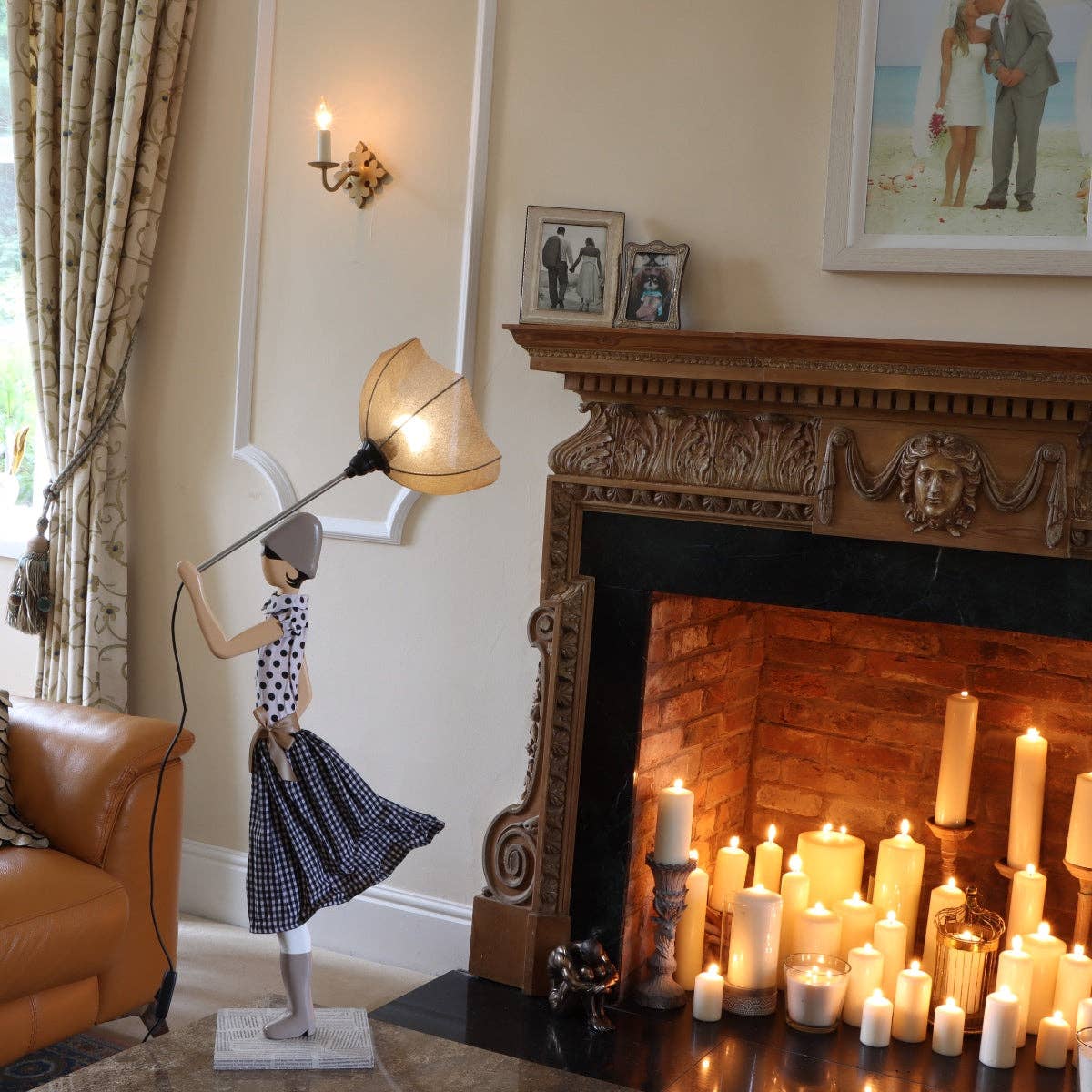 85cm Tall Handmade Beige & Monochrome Polka Dot Windswept Lady Figurine Lamp Umbrella Reading Bedside Living Room Decor Statue Lamp Novelty Lighting Gift 4 Her