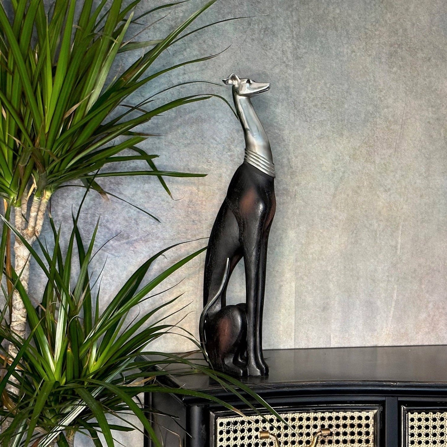 50cm Elegant Tall Slim Sitting Dog Statue Greyhound Silver Ornament Dog Lovers Whippet Figurine Sitting Greyhound