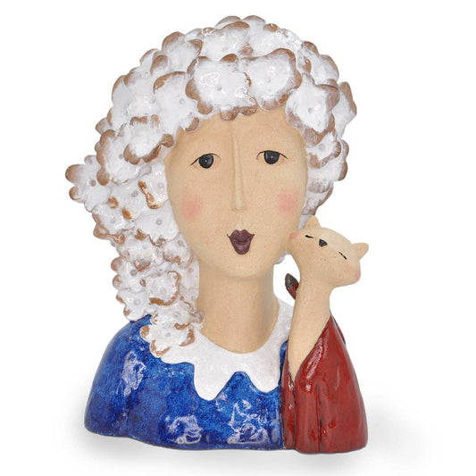 32cm White Haired Lady with Cat Large Bust White Flower Hair Woman Bust Detail Lady with Pet Cat Sculpture Floral Hair Lady Head