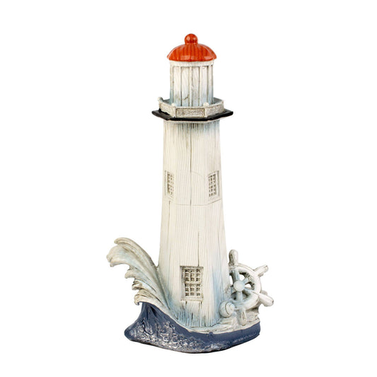 22cm Handpainted Wood-Effect Tall Lighthouse Ship Wheel Blue Waves Red Roof Nautical Sea Decor Coastal Scene Beach Theme Ocean Waves