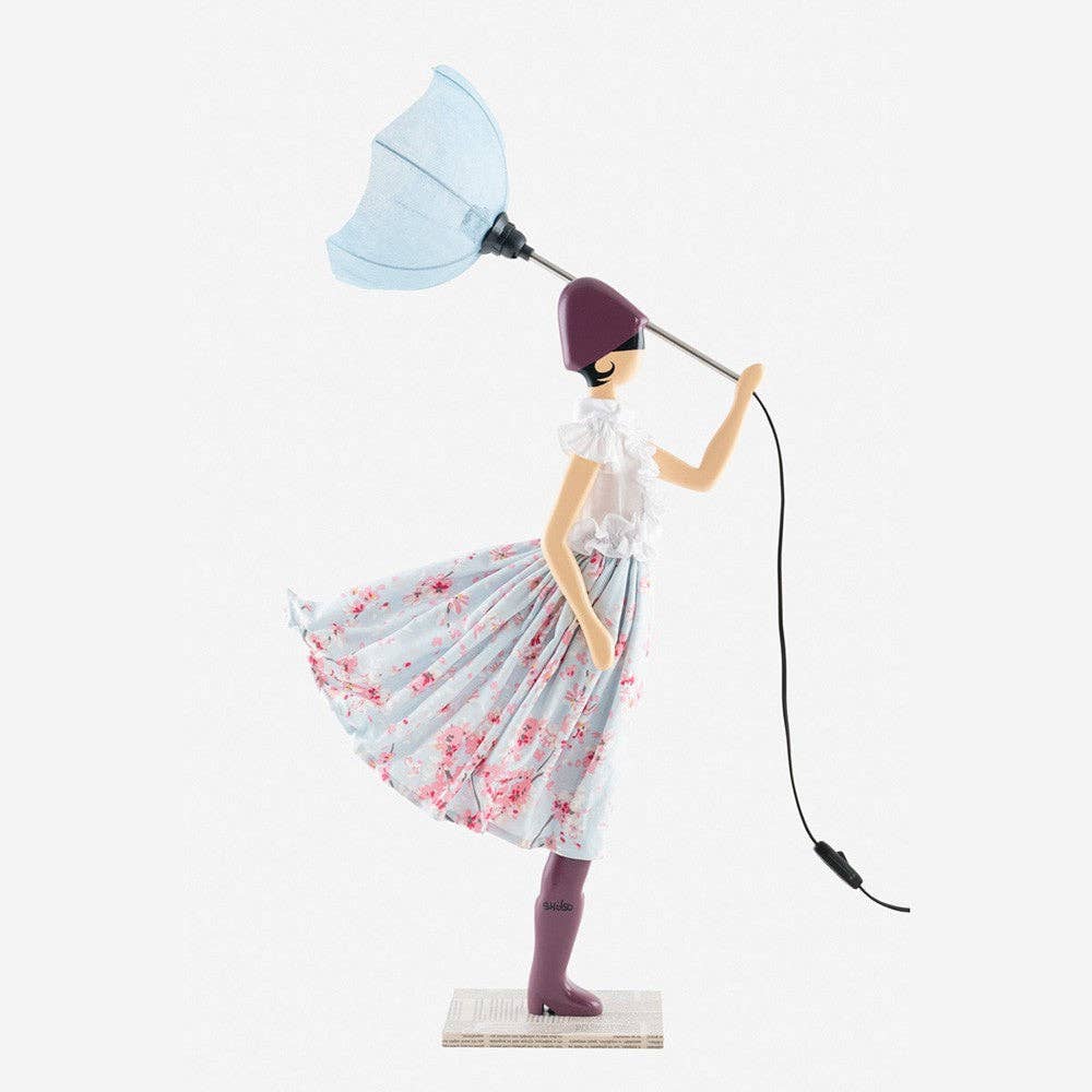 85cm Tall Handmade Baby Blue Windswept Lady Figurine Lamp Umbrella Reading Bedside Living Room Decor Statue Lamp Novelty Lighting Gift Lady