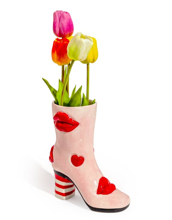 23cm Pink Ornamental Boot Red Lipstick Red Hearts Pink High Heels Boot Ornament Ceramic Vase Red Stripes Girls Quirky Pink Shoe Decor