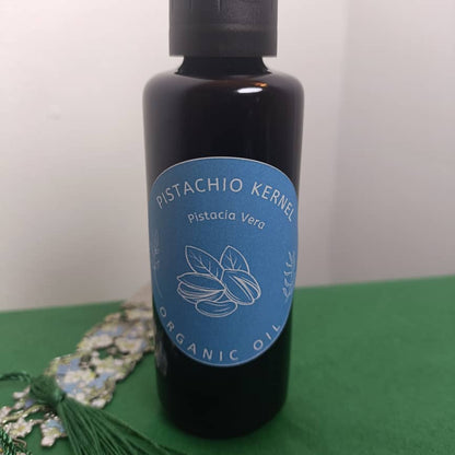 Organic Pistachio Kernel Oil Pistacia Vera in Miron Glass with Dropper Bottled by Hand Food Grade Cold Pressed Pistachio Nut Oil