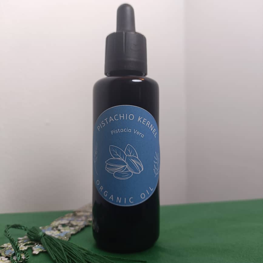 Organic Pistachio Kernel Oil Pistacia Vera in Miron Glass with Dropper Bottled by Hand Food Grade Cold Pressed Pistachio Nut Oil
