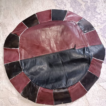 4-Piece Set Burgundy & Black Leather Poof Hausa Ottoman Floor Cushions with Large Circular Mat