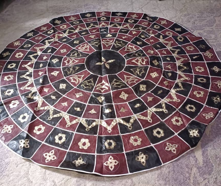 4-Piece Set Burgundy & Black Leather Poof Hausa Ottoman Floor Cushions with Large Circular Mat