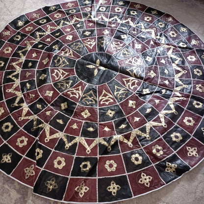 4-Piece Set Burgundy & Black Leather Poof Hausa Ottoman Floor Cushions with Large Circular Mat