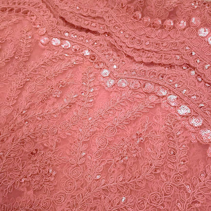Gorgeous Pink Trailing Leaf Embroidered Lace Mesh Fabric with Sequins Bridal Wedding Costume Prom Dress Fabric Princess Dress Gown