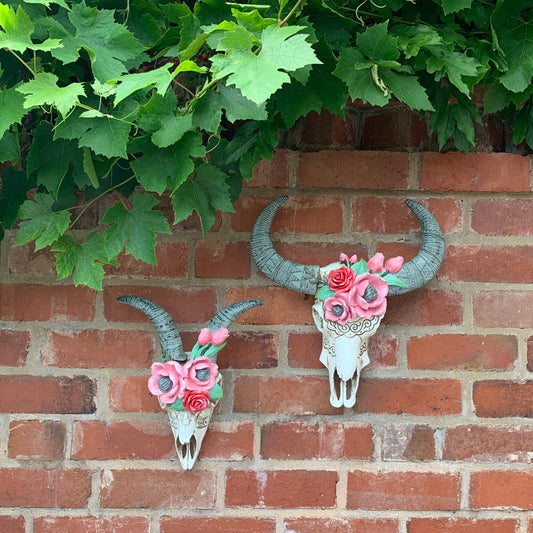 Flower Goat Skull Wall Mount Decor Animal Bust with Horns Ornament