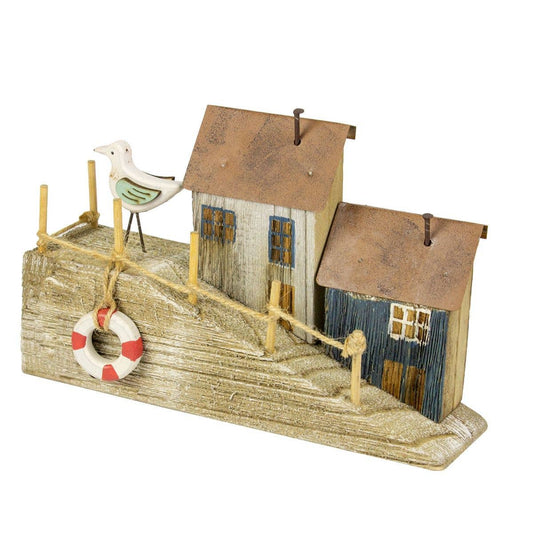 Wooden Harbour Cottages with Sea Gull Bird Harbourside Houses Driftwood Nautical