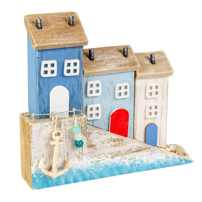 3 Wooden Harbour Cottages Harbourside Houses Driftwood Anchor Nautical Sea Decor