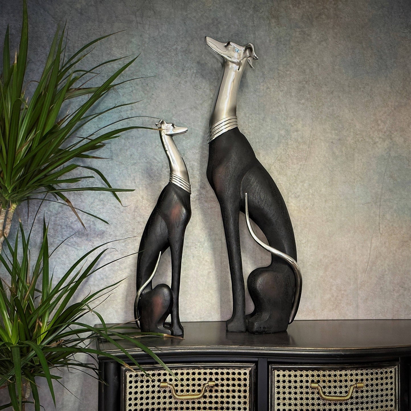 50cm Elegant Tall Slim Sitting Dog Statue Greyhound Silver Ornament Dog Lovers Whippet Figurine Sitting Greyhound