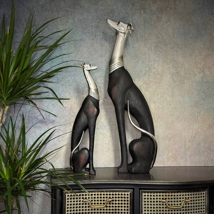 50cm Elegant Tall Slim Sitting Dog Statue Greyhound Silver Ornament Dog Lovers Whippet Figurine Sitting Greyhound