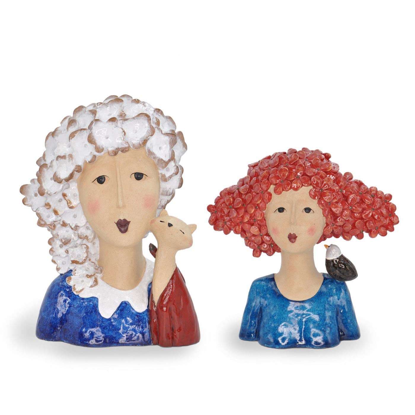 32cm White Haired Lady with Cat Large Bust White Flower Hair Woman Bust Detail Lady with Pet Cat Sculpture Floral Hair Lady Head