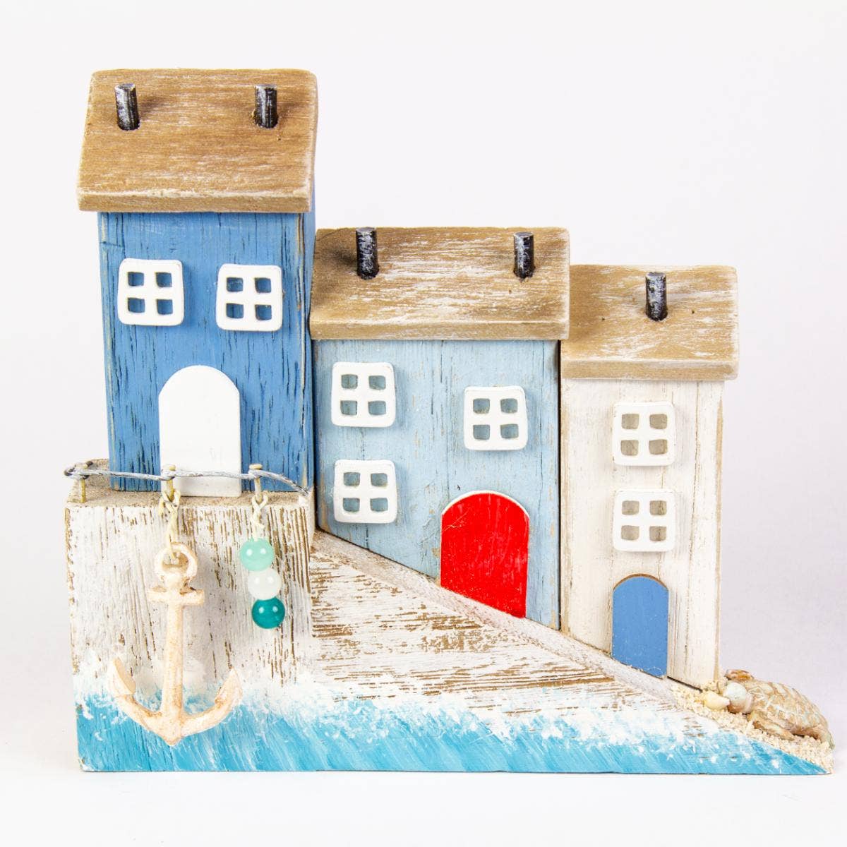 3 Wooden Harbour Cottages Harbourside Houses Driftwood Anchor Nautical Sea Decor