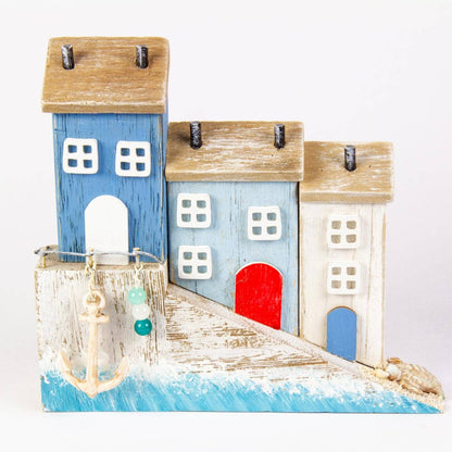 3 Wooden Harbour Cottages Harbourside Houses Driftwood Anchor Nautical Sea Decor