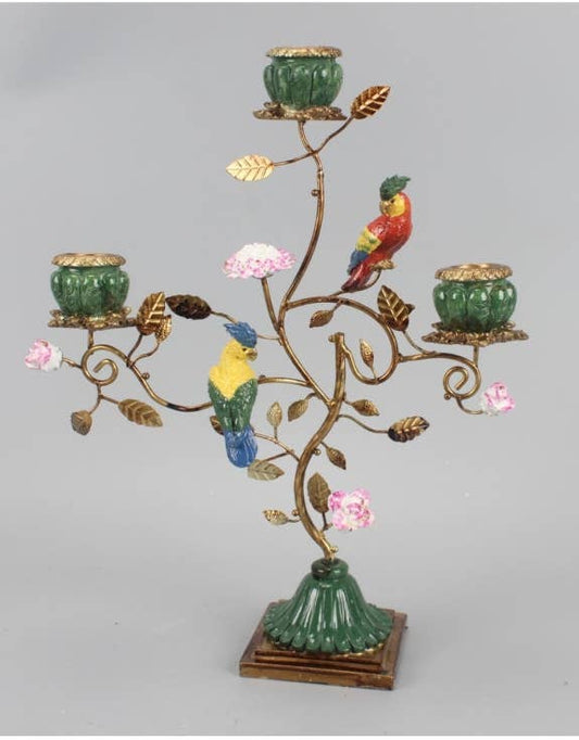 Antiqued Ornate Multi Branch Parrot Candle Holder Birds on Tree Branch Figurine