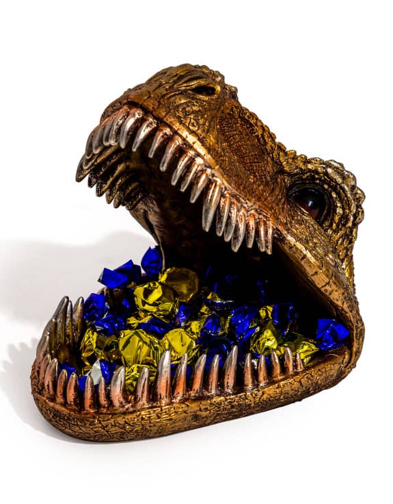 T-Rex Head Storage Dish Dinosaur Skull Antique Golden Table Dish T-Rex Prehistoric Sculpture Decorative Bowl