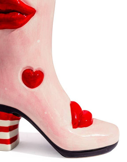 23cm Pink Ornamental Boot Red Lipstick Red Hearts Pink High Heels Boot Ornament Ceramic Vase Red Stripes Girls Quirky Pink Shoe Decor