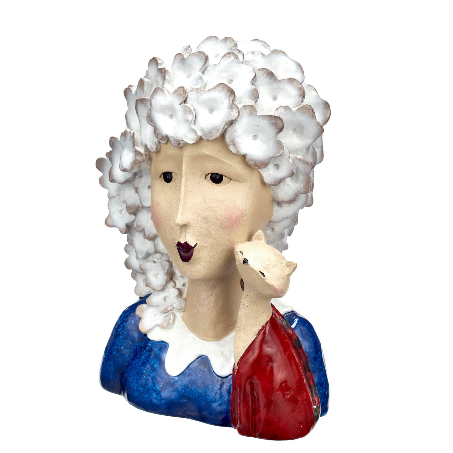 32cm White Haired Lady with Cat Large Bust White Flower Hair Woman Bust Detail Lady with Pet Cat Sculpture Floral Hair Lady Head