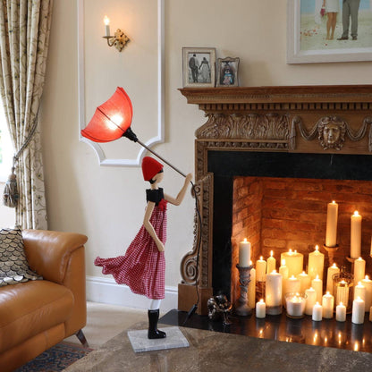 85cm Tall Handmade Red Windswept Lady Figurine Lamp Umbrella Reading Bedside Living Room Decor Statue Lamp Novelty Lighting Gift for Her