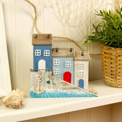 3 Wooden Harbour Cottages Harbourside Houses Driftwood Anchor Nautical Sea Decor